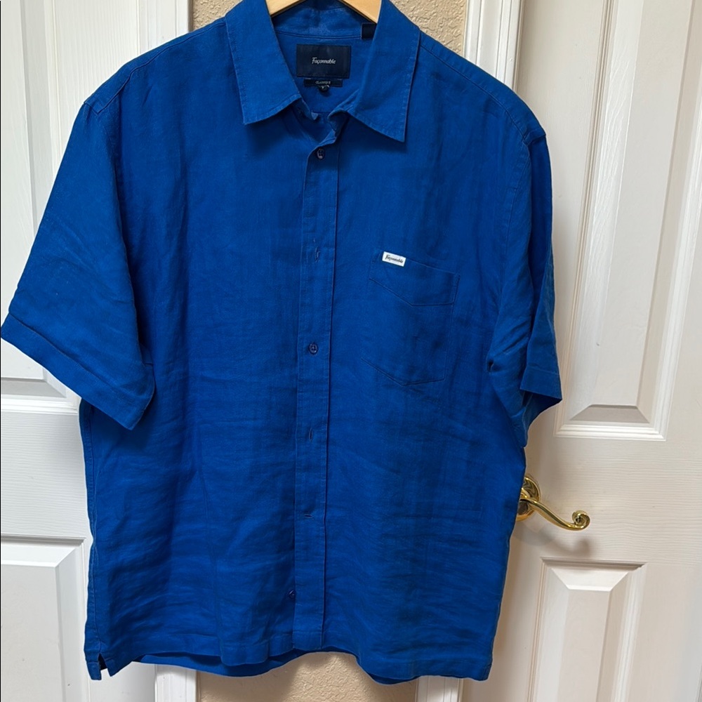 FACONNABLE 100% LINEN ROYAL BLUE SHORT SLEEVE SHIRT
